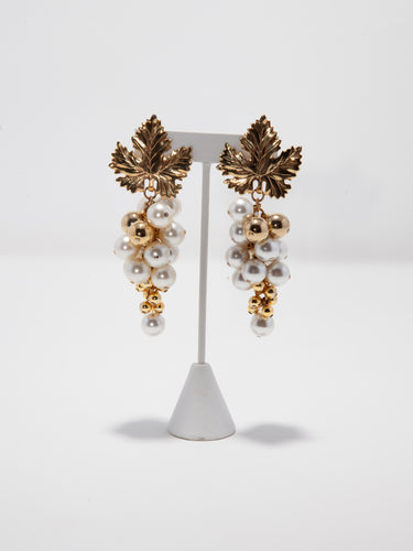 1980's Gold Grape Leaf and Pearl Dangle Clip Earrings
