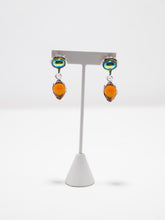 Load image into Gallery viewer, 1980&#39;s Norma Jean Blue, Orange and Silver Glass Drop Dangle Earrings