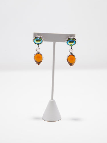 1980's Norma Jean Blue, Orange and Silver Glass Drop Dangle Earrings