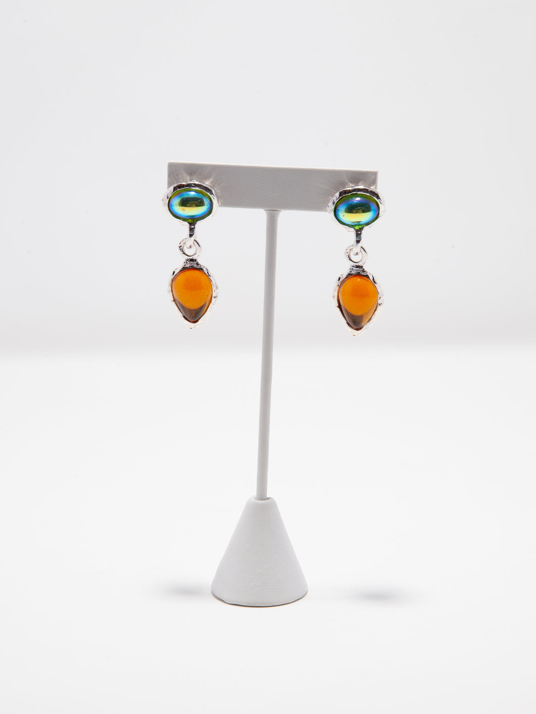 1980's Norma Jean Blue, Orange and Silver Glass Drop Dangle Earrings