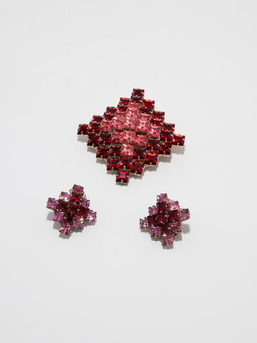 1980's Red and Pink Square Cut Clip Earrings and Broach Set