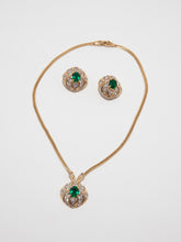 Load image into Gallery viewer, Vintage Nina Ricci Gold Crystal and Emerald Clip Earring and Necklace Set