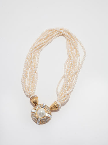 Vintage Oscar de la Renta Gold Toned Pearl and Crystal Necklace