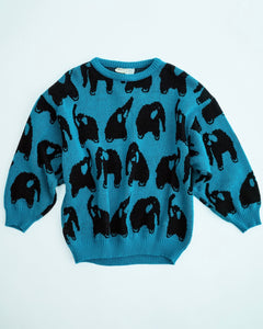 1980's Blue and Black Elephant Jacquard Knit Sweater