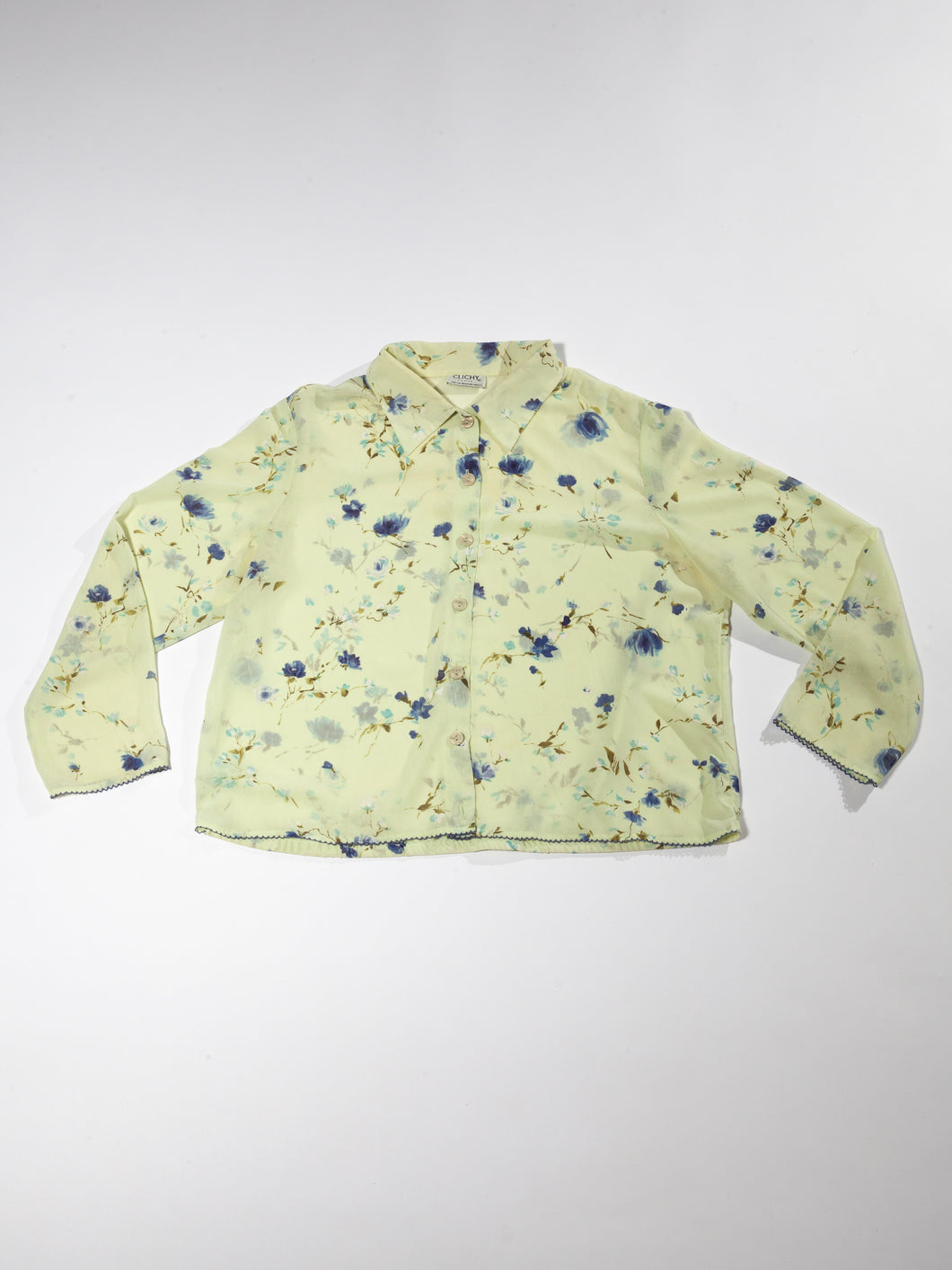 1990's pale Chartreuse Sheer Floral Blouse