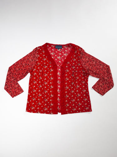 2000's Red Floral and Lace Sheer Tie-Up Cardigan