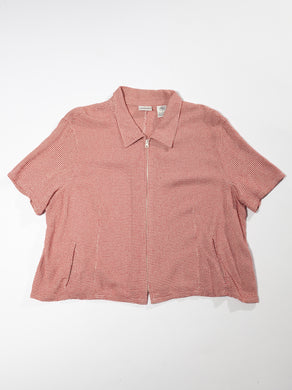 1990's Red and White Houndstooth Short Sleeve Zip Top