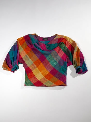 Vintage Rainbow Plaid Raw Silk Cowl Neck Blouse