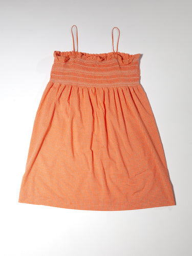 1970's Gingham Smocked Orange and White Sleeveless Babydoll Dress