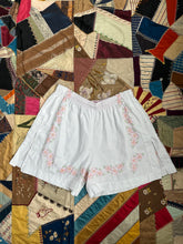 Load image into Gallery viewer, Sweet Juju White and Pink Flower Embroidery Linen Shorts