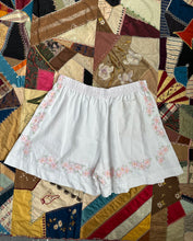 Load image into Gallery viewer, Sweet Juju White and Pink Flower Embroidery Linen Shorts