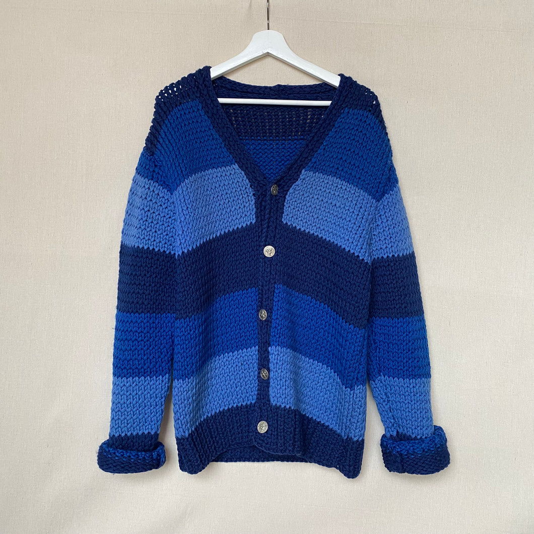 1970's Blue Handknit Chunky Cardigan Sweater