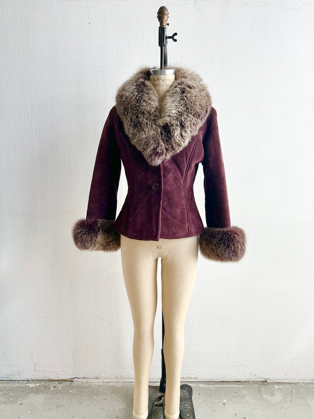 1990's Dark Mauve Shearling and Fox Collar Cropped Jacket