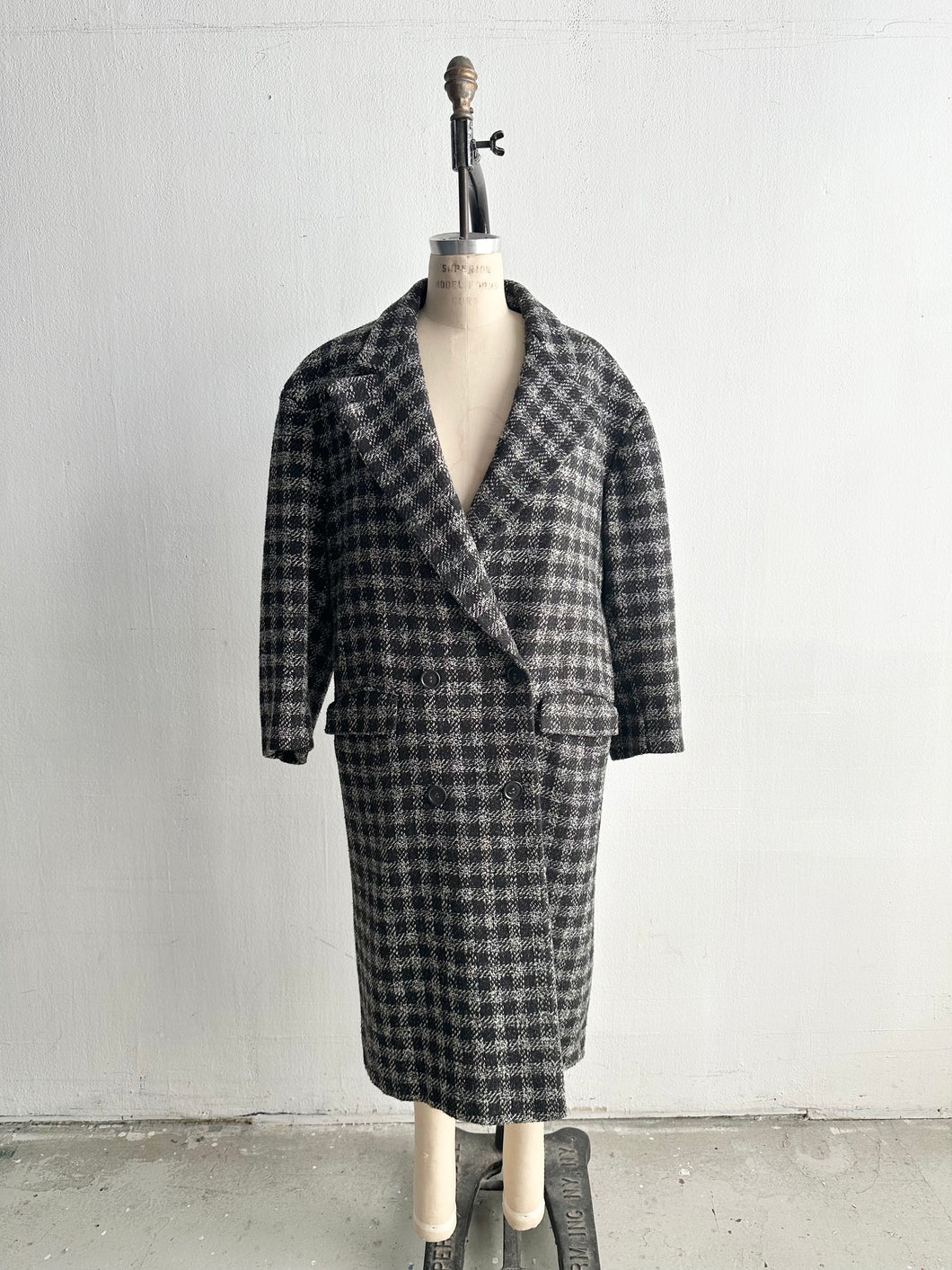 1980's Long Gray Tweed Check Coat