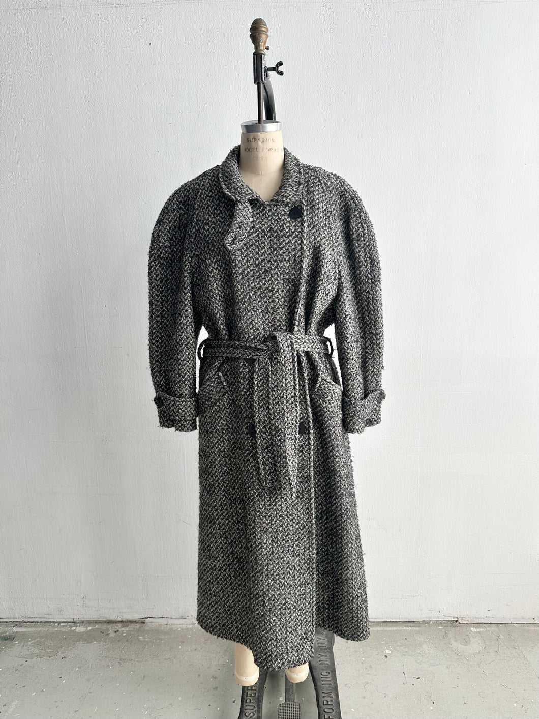 1980's B&W Tweed Boucle Belted Wool Trench Coat
