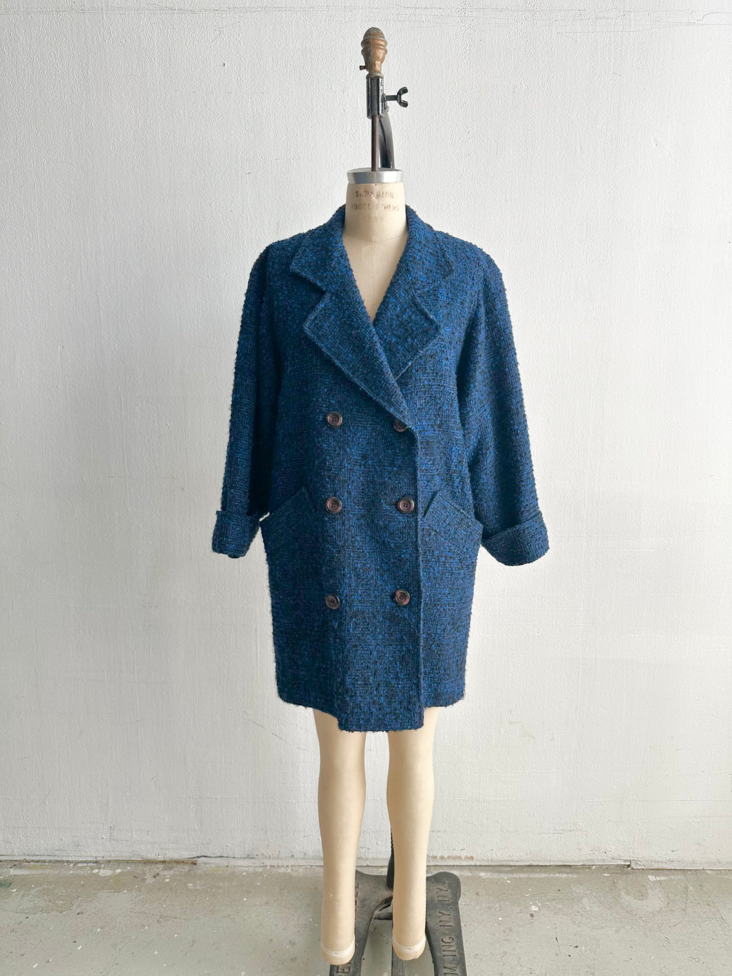 1980's Black and Blue Wool Boucle Overcoat