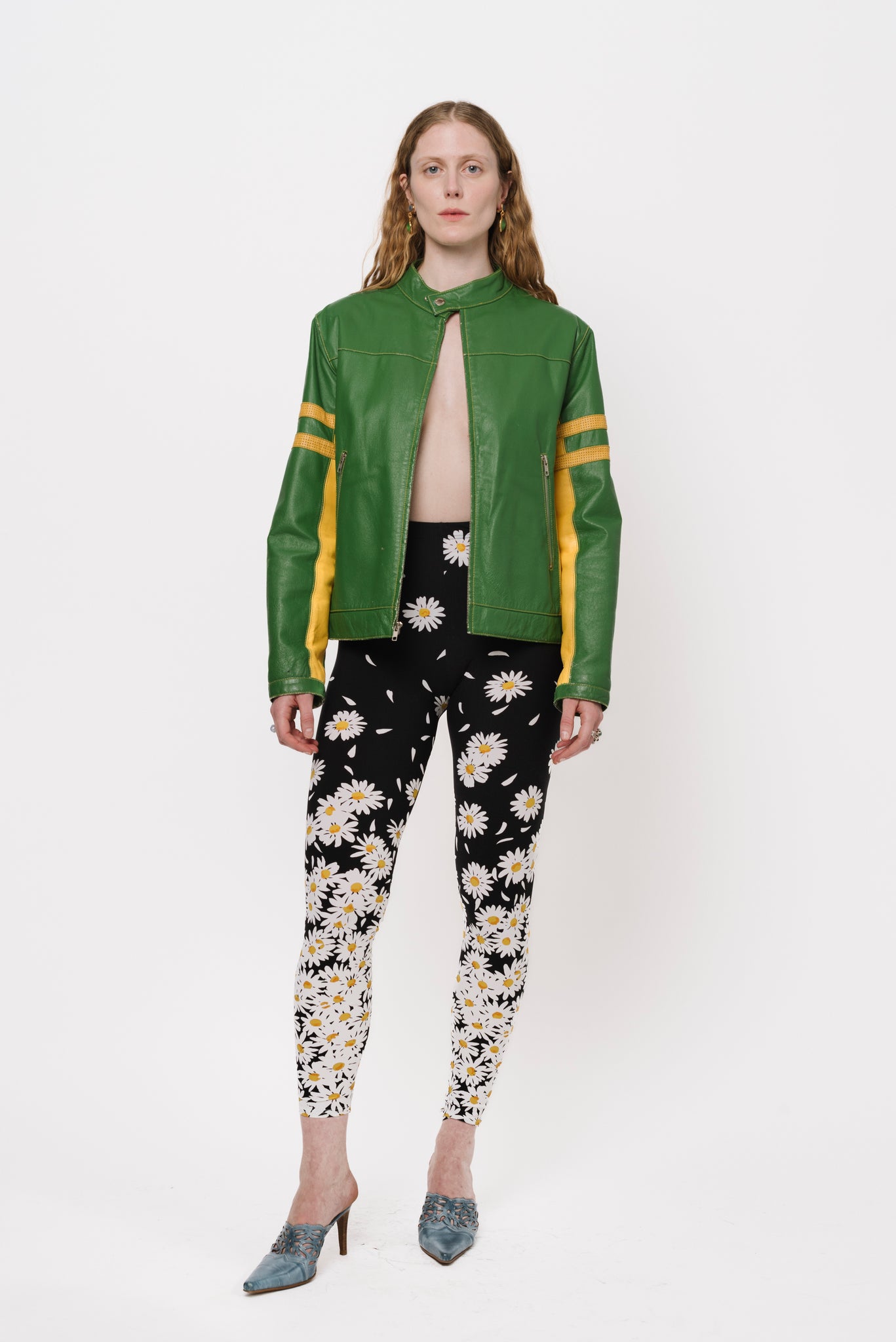 Green Leather Moto Jacket with Yellow Stripes – nouveaurichevintage
