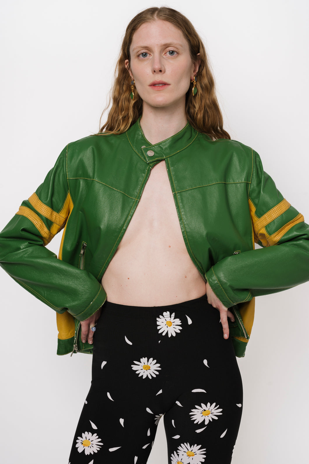 Green Leather Moto Jacket with Yellow Stripes