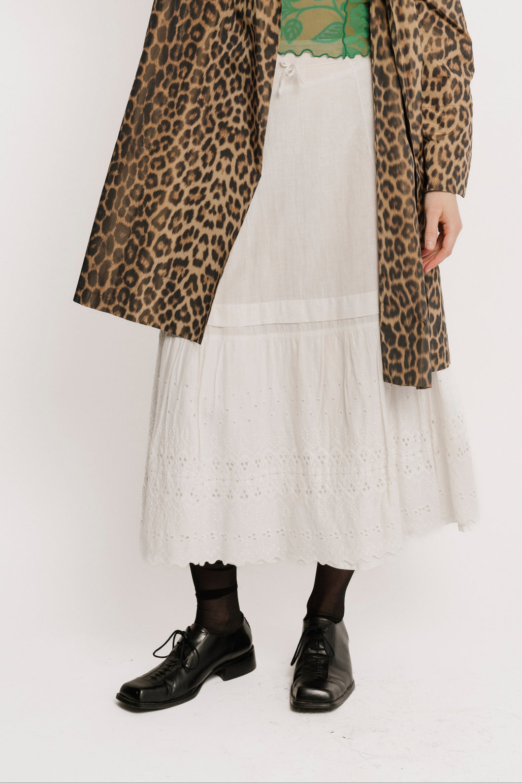 Antique Lace Eyelet White Midi Cotton Skirt