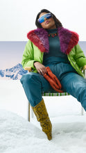 Load image into Gallery viewer, 1970's Lime Green Vivid Glossy Nylon Down-filled Ski Jacket with Belt