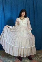 Load image into Gallery viewer, 1970's Gunne Sax Pale Pink Corsetted Maxi Dress with Bishop Sleeves