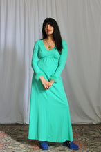 Load image into Gallery viewer, 1970's Spring Green Maxi Dress with Caribou Trim