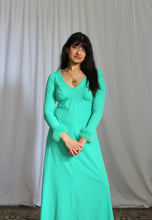 Load image into Gallery viewer, 1970's Spring Green Maxi Dress with Caribou Trim