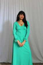 Load image into Gallery viewer, 1970's Spring Green Maxi Dress with Caribou Trim