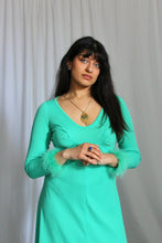 Load image into Gallery viewer, 1970's Spring Green Maxi Dress with Caribou Trim