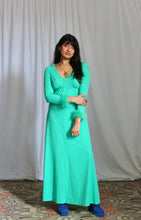 Load image into Gallery viewer, 1970's Spring Green Maxi Dress with Caribou Trim