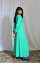 Load image into Gallery viewer, 1970's Spring Green Maxi Dress with Caribou Trim