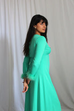 Load image into Gallery viewer, 1970's Spring Green Maxi Dress with Caribou Trim