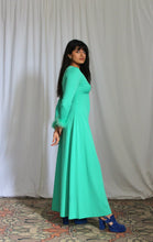 Load image into Gallery viewer, 1970's Spring Green Maxi Dress with Caribou Trim
