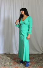 Load image into Gallery viewer, 1970's Spring Green Maxi Dress with Caribou Trim