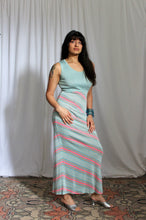 Load image into Gallery viewer, 1970's  Robins Egg Blue Lurex  Knit Stripe Maxi Dress with Cardigan