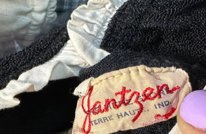 1940s Jantzen Black Terry Swimsuit with White Ruffle Trim