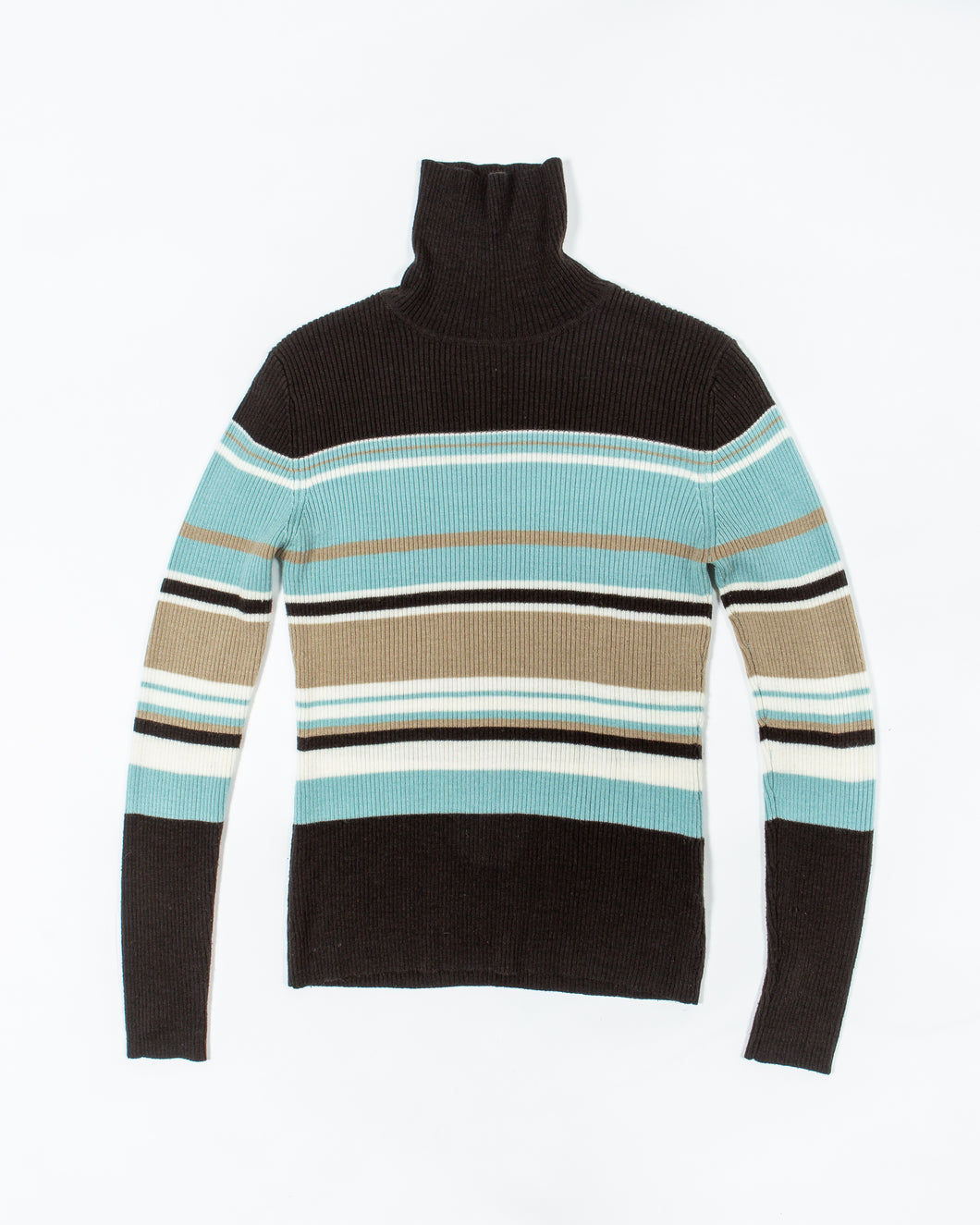 Blue and Brown Ribbed Turtleneck Sweater