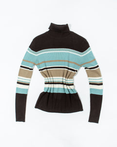 Blue and Brown Ribbed Turtleneck Sweater