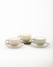 Load image into Gallery viewer, Set of 3 1950s Stoneware Pastel Teacups and 4 Matching Saucers