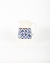 Load image into Gallery viewer, Antique Gold Trimmed White Ceramic Pitcher with Braided Handle and Blue Floral Design