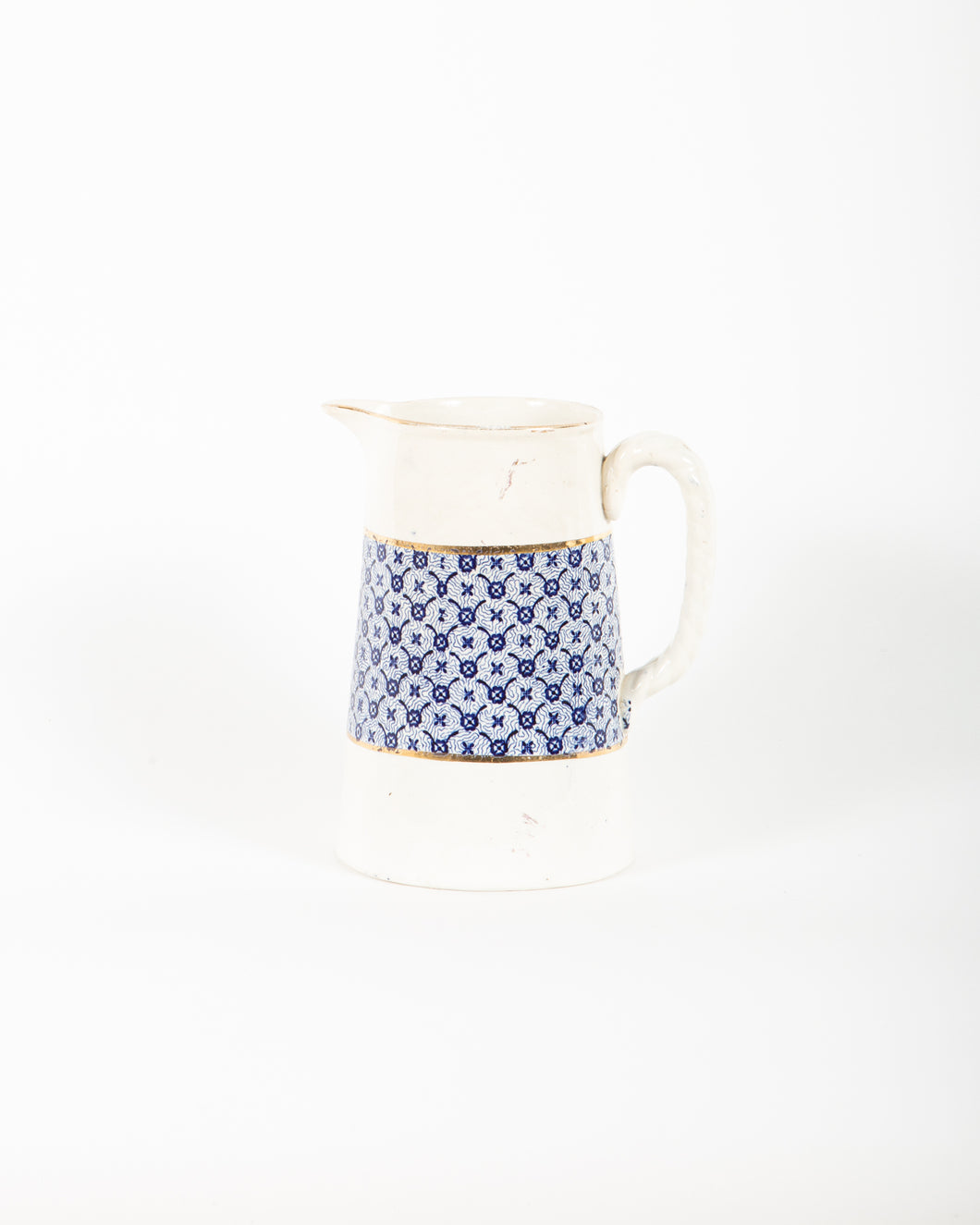 Antique Gold Trimmed White Ceramic Pitcher with Braided Handle and Blue Floral Design