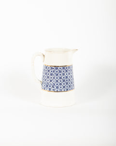 Antique Gold Trimmed White Ceramic Pitcher with Braided Handle and Blue Floral Design