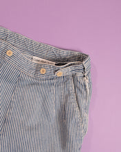 Load image into Gallery viewer, 1980s Calvin Klein Sport Hickory Stripe High Waisted Blue and White Pin stripe denim trouser with Adjustable Button Belt