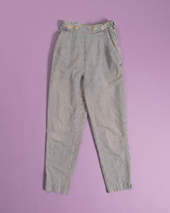 1980s Calvin Klein Sport Hickory Stripe High Waisted Blue and White Pin stripe denim trouser with Adjustable Button Belt