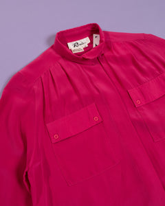 1980s Hot Pink Silk Cropped Tab Collar Blouse