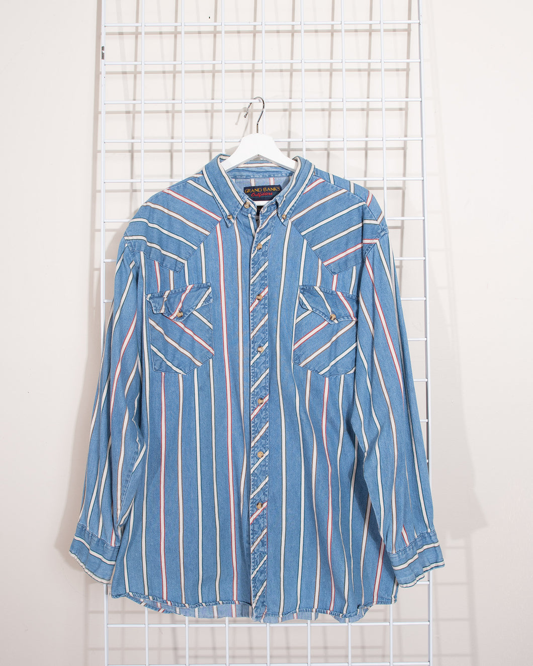 Western Style Chambray Button Down with Rainbow Stripes XL