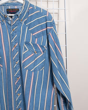 Load image into Gallery viewer, Western Style Chambray Button Down with Rainbow Stripes XL