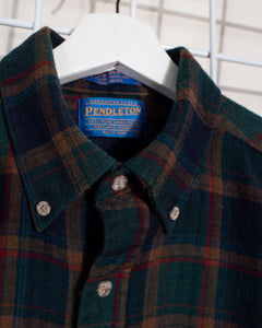 Wool Pendleton Navy Forest Green Plaid Button Down Long Sleeve Shirt