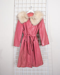 1960s Pink Leather 3/4 Length Coat with Fox Fur collar and Belt