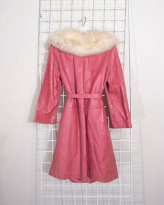 1960s Pink Leather 3/4 Length Coat with Fox Fur collar and Belt